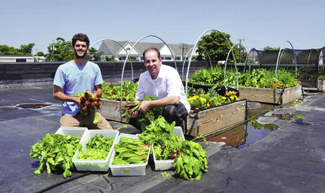 two man pose with homegrown vegetables on rooftop garden
