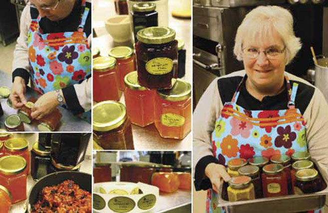 Woman makes jars of chutney at Monastery Kitchen