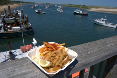 The whole bellied fried clam roll at Chatham Fish Pier Market comes with a great view.