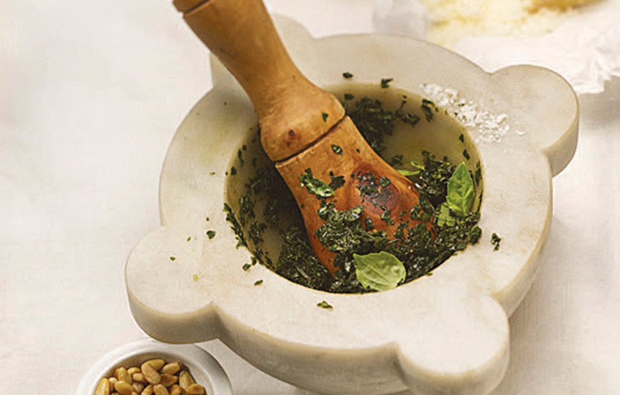 Parsley Pesto Made in Marble Mortar, Dishes